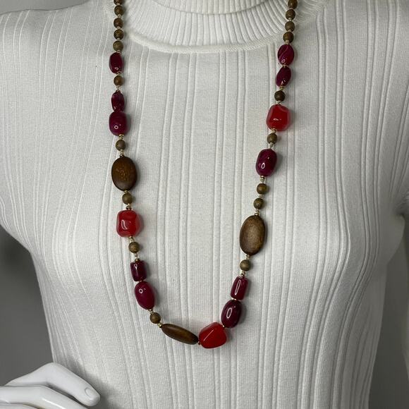 Sonoma beaded necklace signed costume jewelry chunky red brown resin wooden beea - Picture 4 of 9